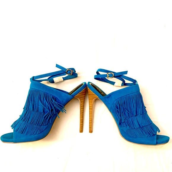 Scene “Anissa” turquoise faux suede fringe heels with wrap around ankle strap-10 - Picture 7 of 12